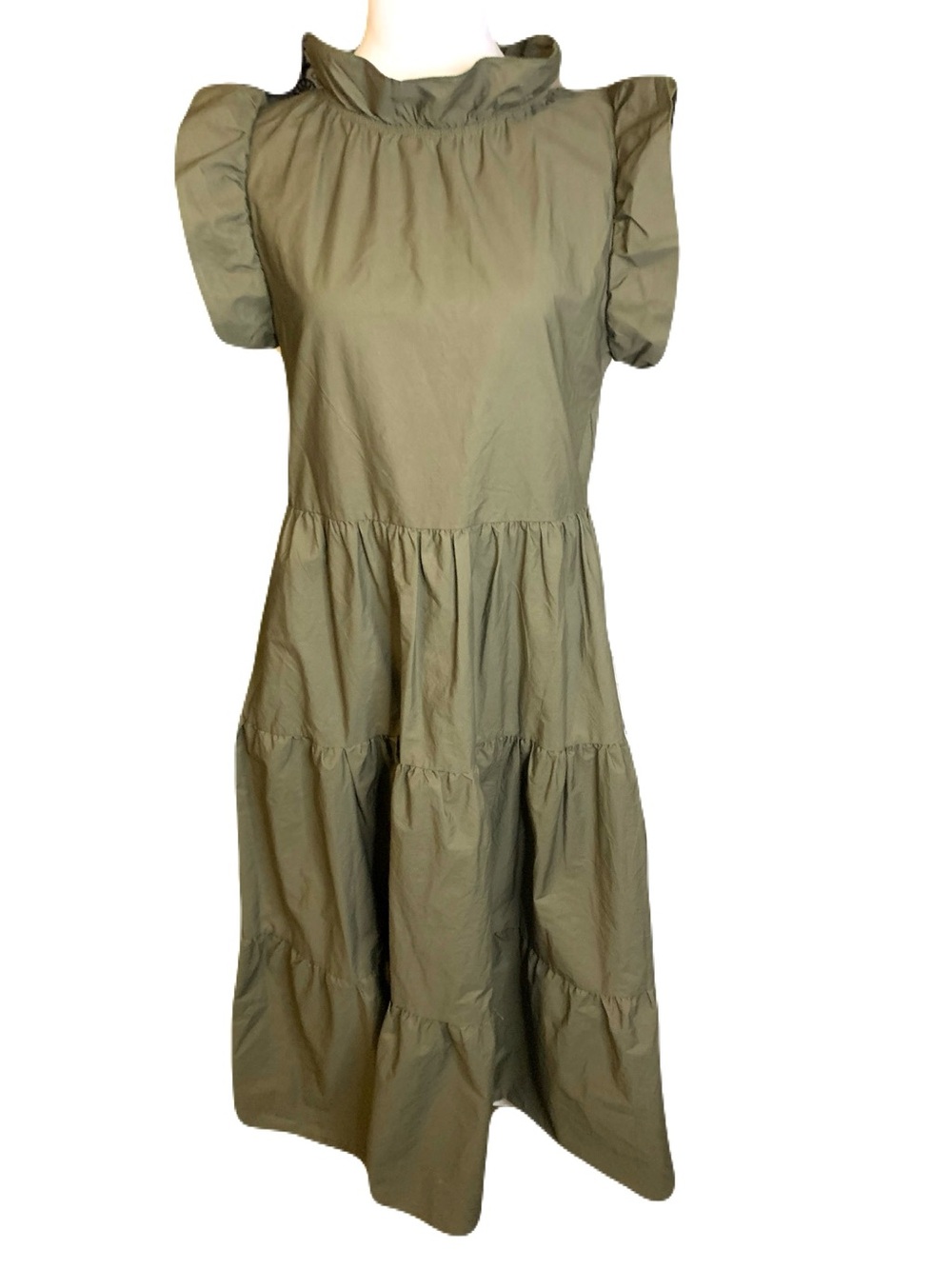 Chepe Italy Women’s Small Olive Green 100% Cotton Tiered Midi Dress Cottagecore